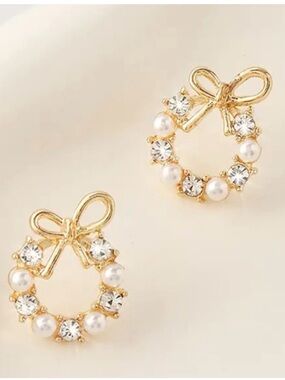 Gold Bow Wreath Pearl & Crystal Stud Earrings - Women Jewelry